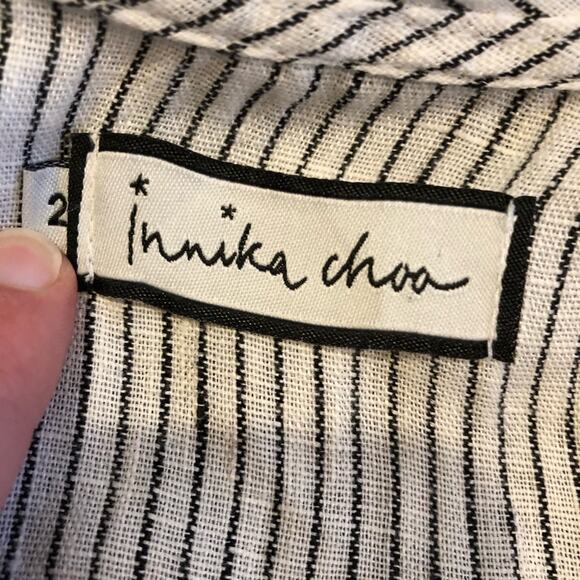 Innika Choo white black stripe floral embroidered ruffle linen dress 2 or Medium - Picture 10 of 16